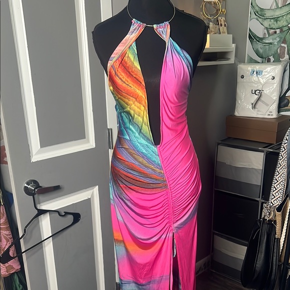 Private Label Dresses & Skirts - Private Label Pink and Orange Asymmetrical Ruched Bodycon Dress